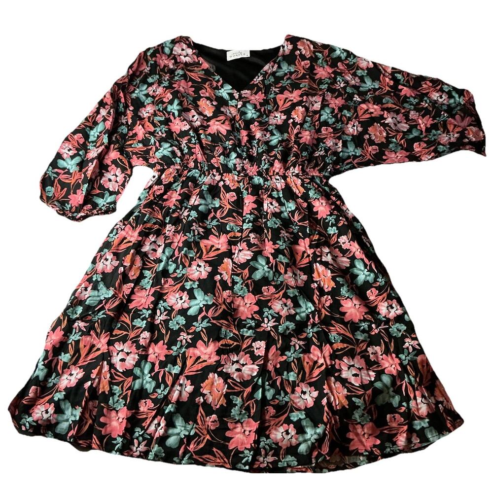 Emily Wonder Dress M Black Floral Boho V Neck 3/4 Sleeve Fit Flare Lined praire